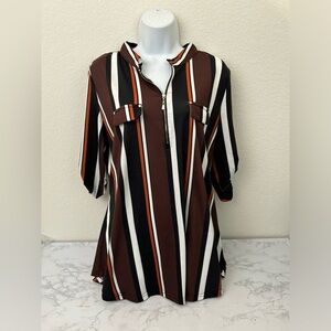 Bepei Women's Black Stripe Roll-Up Sleeve V-Neck Zipper Blouse Size XL Brown​​